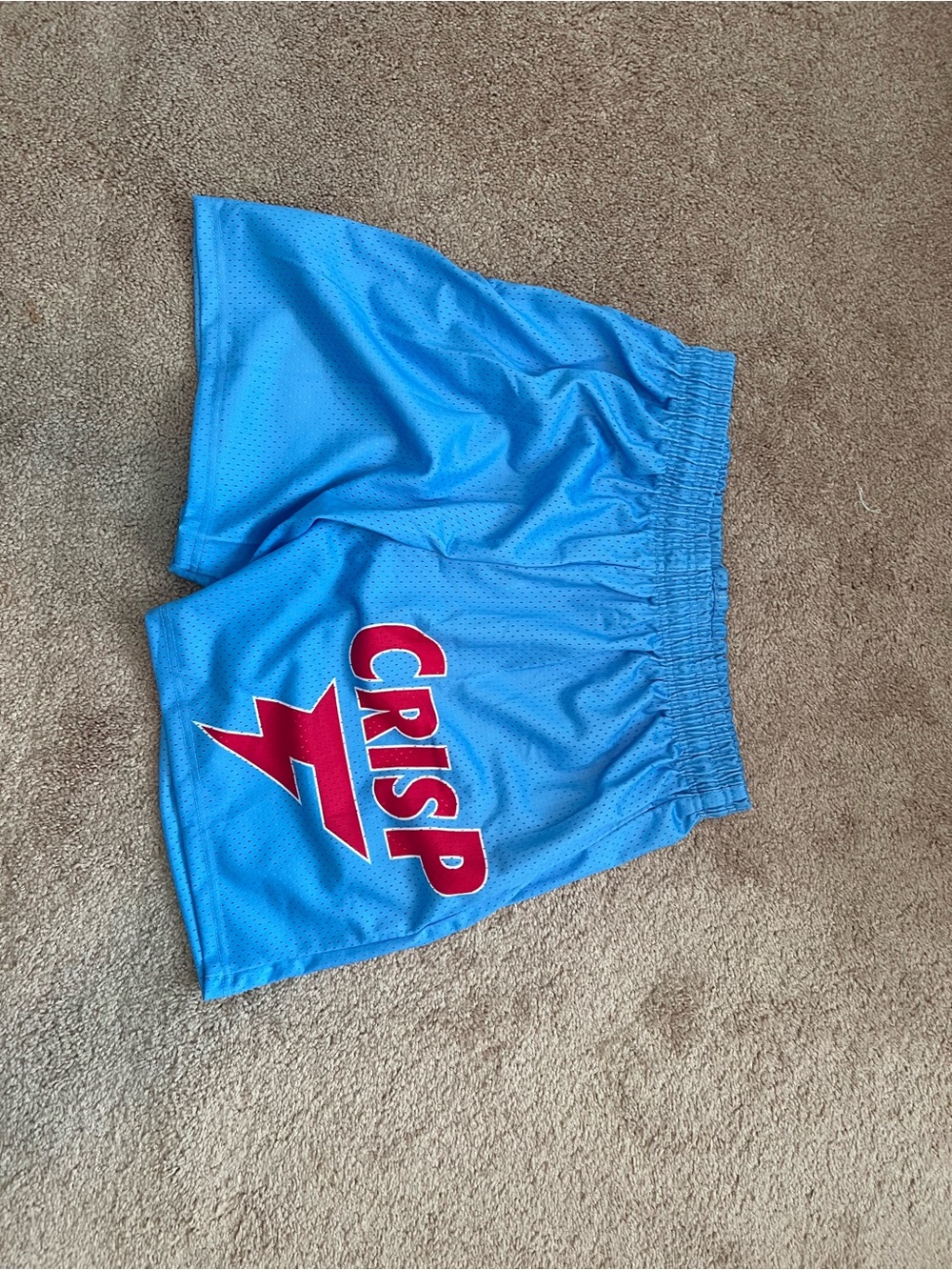 Blue Athletic Mesh Shorts with Red 'CRISP' Graphic